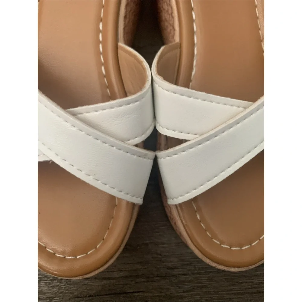 Women’s White Strappy Wedge Sandals Faux Leather Ankle Strap Buckle Size38 USA 7